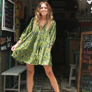 NWT Natural Life Aimee Mini Tunic Dress - Olive Floral Border - Size Large